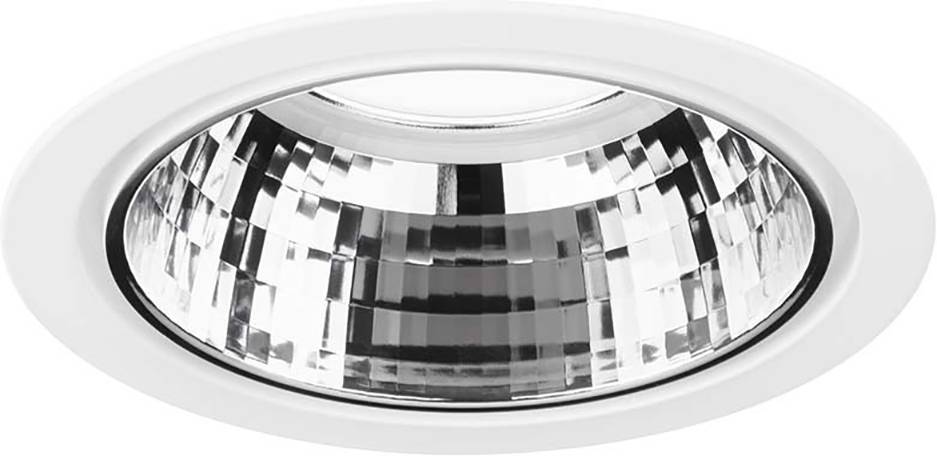 Un spot encastré au plafond argenté, de forme circulaire, avec une surface intérieure facettée et un bord extérieur blanc.