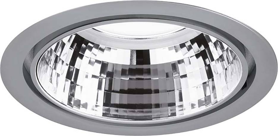 Spot encastrable de plafond avec cadre argenté et lentille réfléchissante, adapté à l'éclairage intérieur moderne.