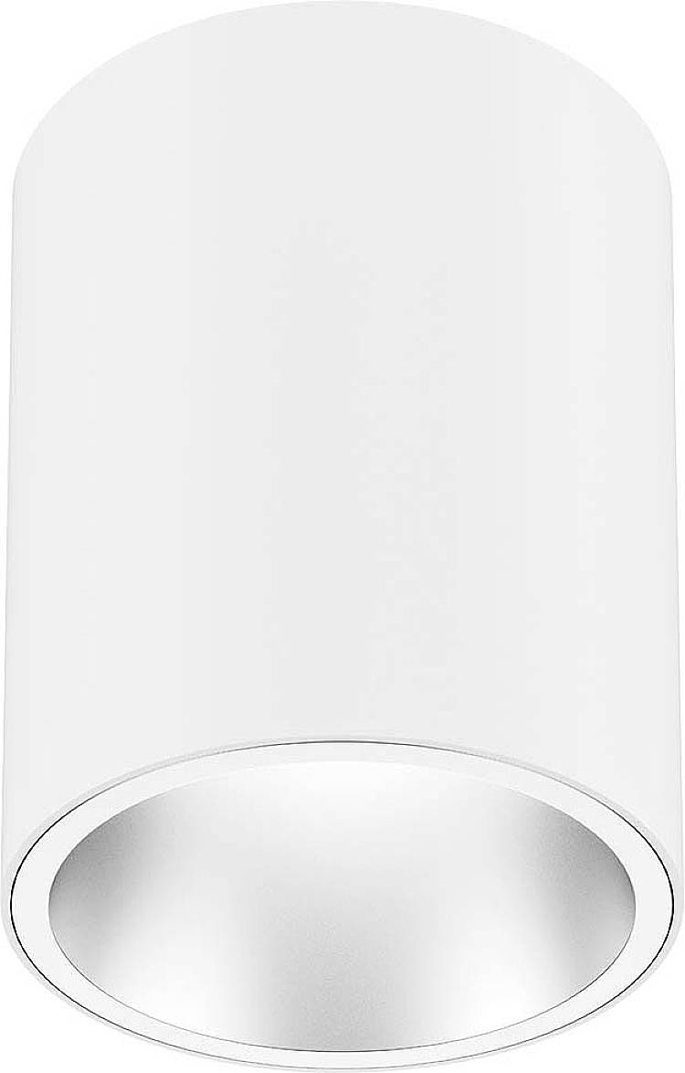 Plafonnier cylindrique blanc à surface lisse et large diffusion lumineuse, adapté à l'architecture intérieure contemporaine.