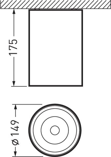 'Dessin technique d'un objet cylindrique d'une hauteur de 175 mm et d'un diamètre de 149 mm.'
