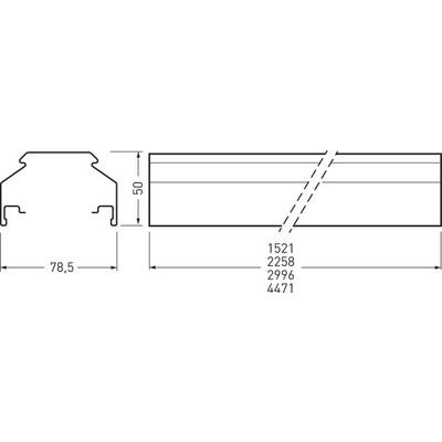 Schéma structural d'une barre métallique avec vue en coupe. Dimensions : largeur 78,5 mm, hauteur 50 mm. Longueur en quatre variantes : 1521, 2258, 2996, 4471 mm.