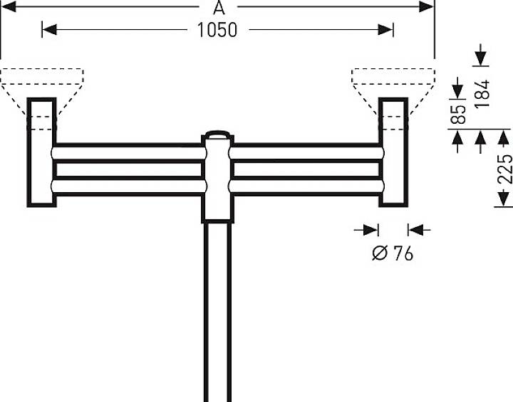 Dessin technique d'un tube d'une longueur de 1050 mm et d'un diamètre de 76 mm. Cotes de hauteur : 85 mm et 184 mm.