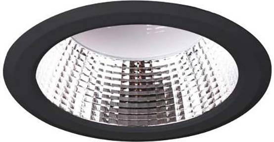 Un luminaire encastré avec un cadre rond noir et une surface intérieure réfléchissante, qui diffuse la lumière vers le bas.