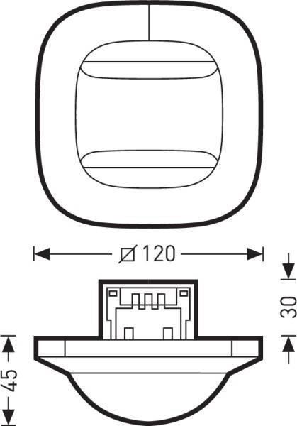 La figure montre un capteur encastrable rond d'un diamètre de 120 mm et d'une profondeur de 30 mm. Poids : 45 g.