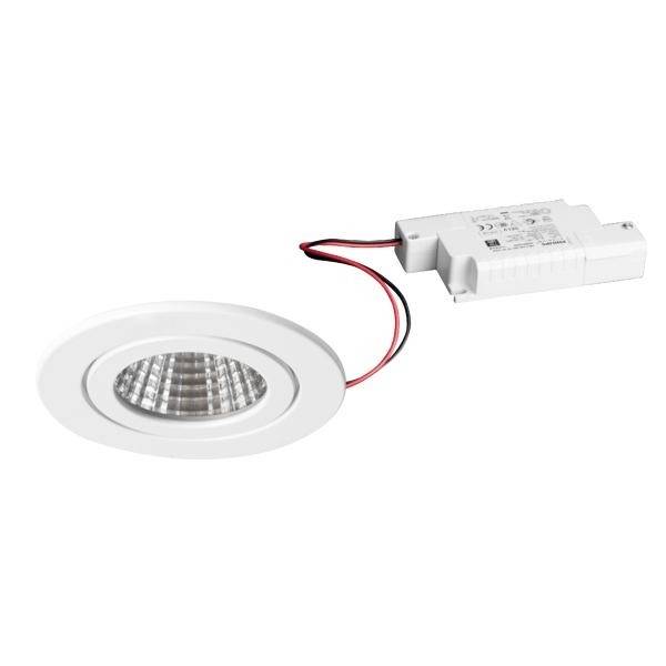 Un spot encastrable LED rond de couleur blanche, avec son driver intégré, adapté pour une installation au plafond.