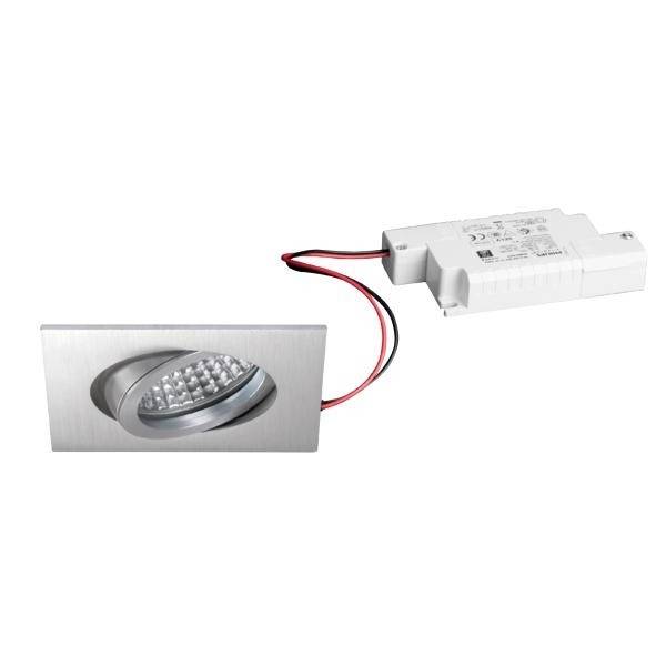 Luminaire encastrable rectangulaire à LED en métal brossé avec driver intégré et câble rouge et noir, adapté aux espaces intérieurs contemporains.
