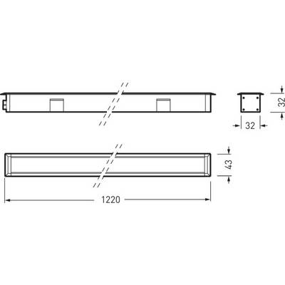 Dessin technique d'une poutre rectangulaire aux dimensions 1220 x 43 x 32 mm. Vue latérale et vue de dessus sont représentées.