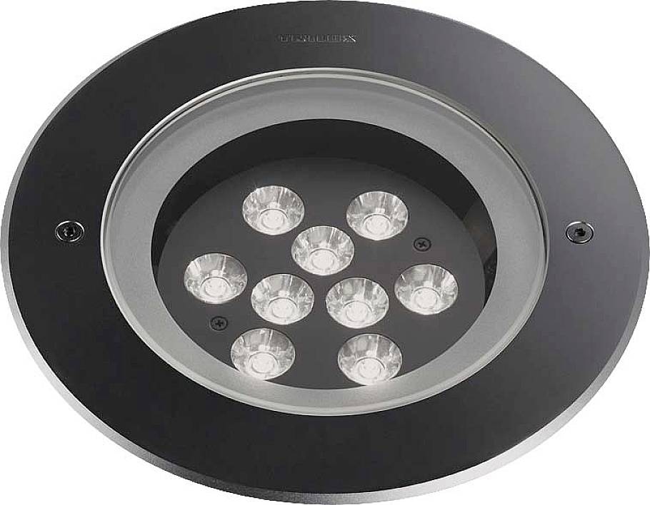 Spot encastrable LED rond avec sept diodes électroluminescentes visibles et cadre noir, adapté pour une installation au sol ou au plafond.