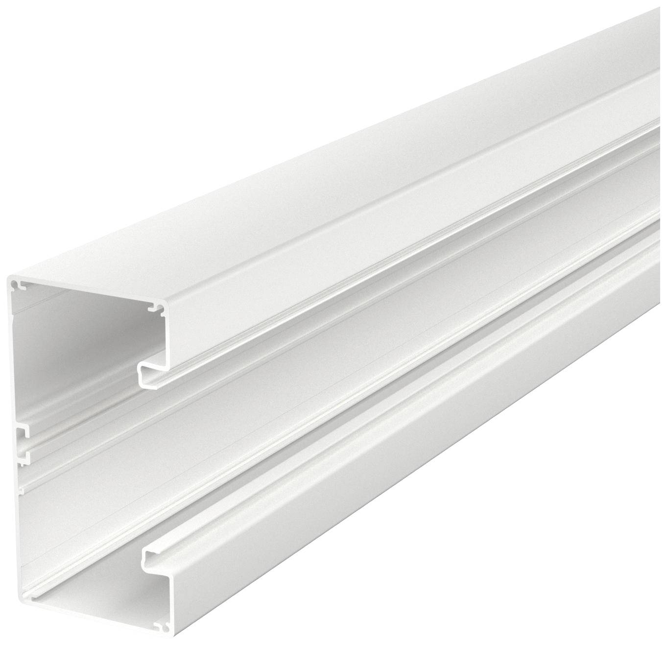 Un profilé rectangulaire blanc en plastique avec deux ouvertures à fente, couramment utilisé pour la fixation ou le montage dans des applications de construction.