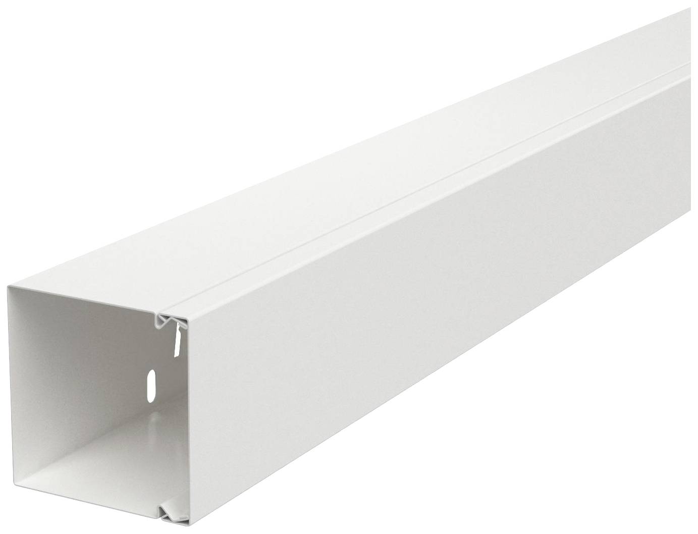 Un canal en plastique blanc rectangulaire pour le guidage des câbles, avec une ouverture sur le côté, adapté aux installations intérieures.