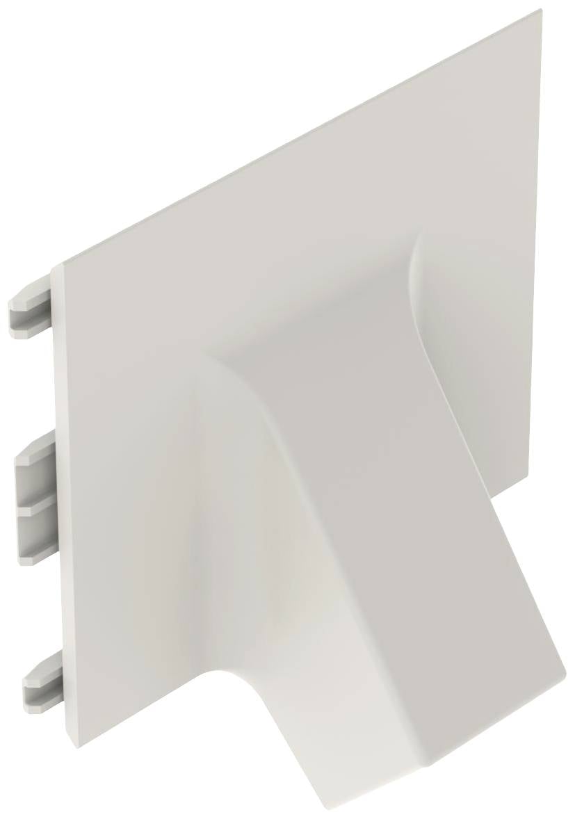 Couvercle de goulotte en plastique blanc avec des clips latéraux, utilisé pour fermer proprement les extrémités des chemins de câbles.