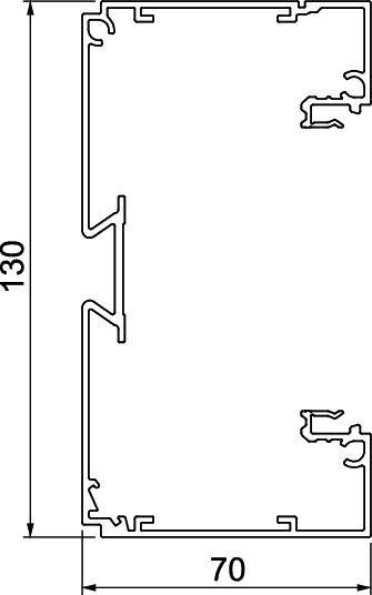 Dessin technique d'un profil avec les dimensions suivantes : hauteur 130 mm, largeur 70 mm. Présente une coupe transversale avec différentes encoches et formes.