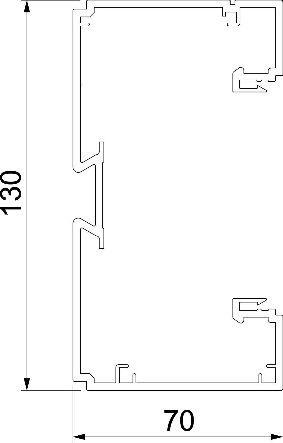 Coupe transversale d'un profil, montrant les bords intérieurs et extérieurs avec les dimensions : hauteur 130 mm, largeur 70 mm.