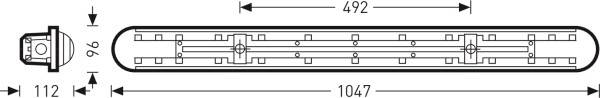 Dessin technique d'un composant rectangulaire avec les dimensions suivantes : longueur 1047 mm, largeur 112 mm. Des flèches indiquent la dimension intérieure de 492 mm et la hauteur de 96 mm.