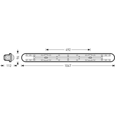 Dessin technique d'une lampe allongée avec les dimensions suivantes : longueur 1047 mm, largeur 112 mm, hauteur 96 mm. Dimension de longueur marquée à 492 mm.