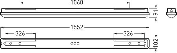 Croquis d'un objet rectangulaire avec les dimensions 1060 mm, 1552 mm x 102 mm et une hauteur de 91 mm. Indique les longueurs et les largeurs.