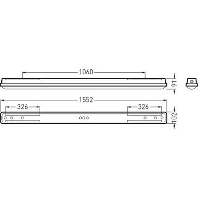 Dessin technique d'un boîtier rectangulaire avec les dimensions suivantes : longueur totale 1552 mm, largeur 1060 mm, hauteur 91 mm et hauteur latérale 102 mm.
