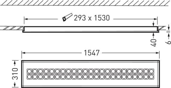 Diagramme montre un luminaire plafonnier avec les dimensions : 293 x 1530 mm, hauteur 40 mm. Largeur totale 1547 mm, profondeur 310 mm. 34 éléments lumineux circulaires.