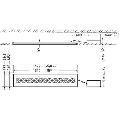 Dessin technique d'un composant rectangulaire avec des trous, des dimensions et une connexion de câble. Dimensions : 1497 mm, hauteur maximale de 220 mm.