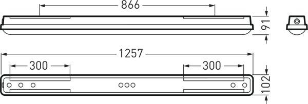 Dessin technique d'un boîtier rectangulaire long avec les dimensions suivantes : longueur 1257 mm, hauteur 91 mm, profondeur 102 mm et points de fixation à 300 mm.