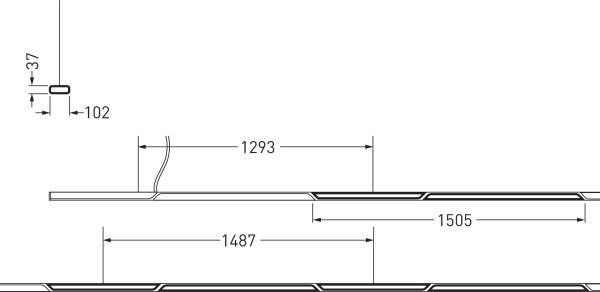 Dessin technique d'une plaque avec dimensions : Longueur 1505, 1487 et 1293 unités. Hauteur 37 et distance 102 unités.