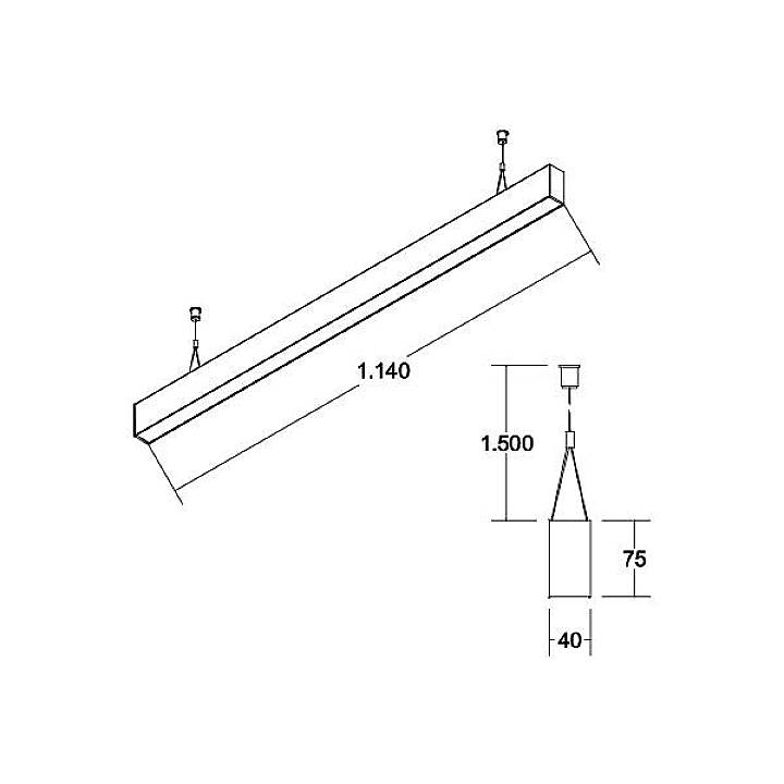 Dessin technique d'une lampe suspendue avec dimensions : longueur 1140 mm, hauteur 75 mm et largeur 40 mm. Suspension de 1500 mm de long.