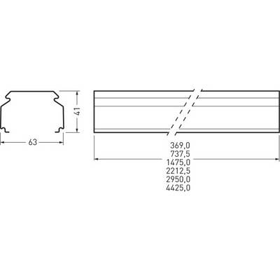 Dessin technique d'un profilé métallique avec coupe transversale (en haut) et vue longitudinale (en bas). Dimensions : largeur 63 mm, hauteur 41 mm. Longueurs : de 369,0 mm à 4425,0 mm.