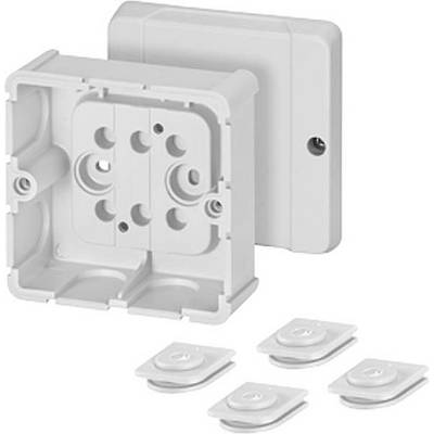 Boîtier électrique blanc avec quatre plaques de couverture amovibles, adapté aux installations intérieures.