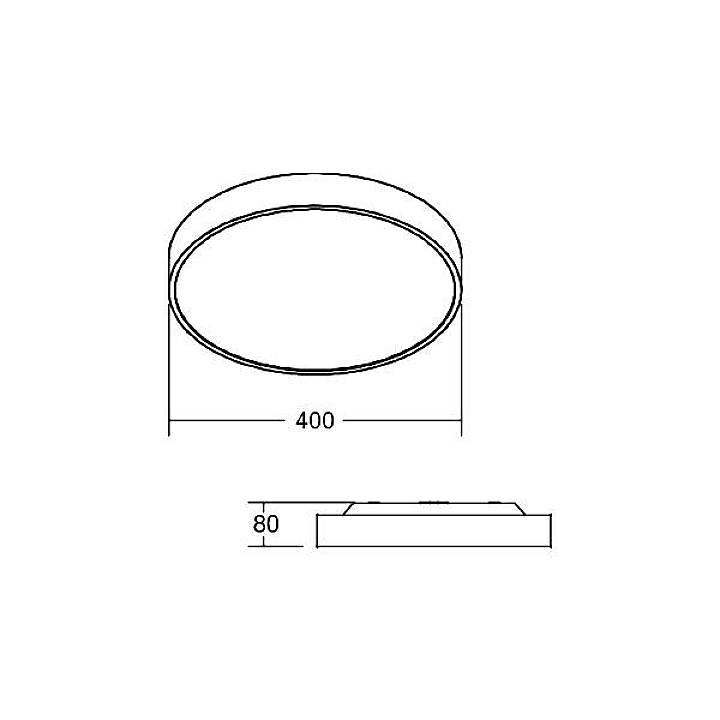 Plafonnier rond, diamètre 400 mm, hauteur 80 mm. Montre une vue de dessus et une vue latérale avec les dimensions.