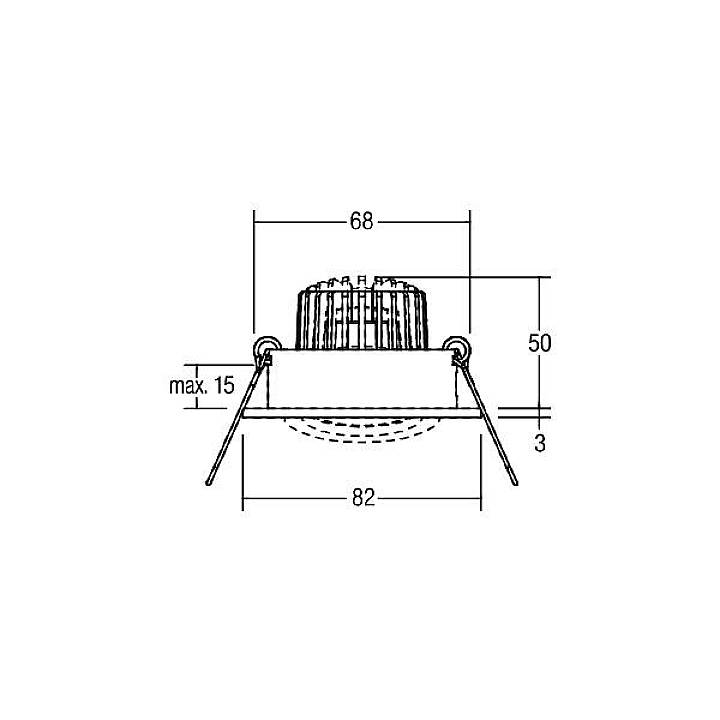Dessin technique d'un luminaire de plafond rond, avec dimensions : diamètre 82 mm, hauteur 50 mm, distance au plafond 3 mm, profondeur d'encastrement max. 15 mm.