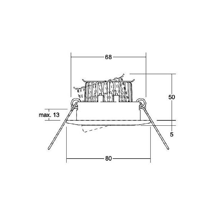 Schéma de luminaire encastrable avec dimensions : Diamètre 68 mm, Hauteur 50 mm, Longueur totale 80 mm. Épaisseur maximale autorisée 13 mm.