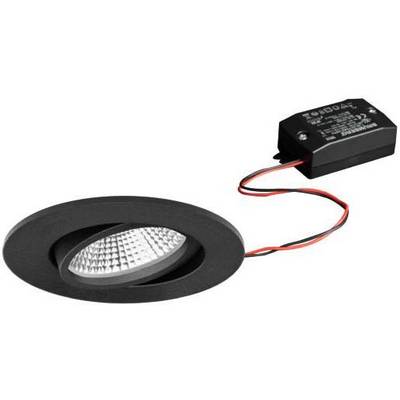 Un luminaire encastré LED rond noir avec des câbles visibles sur le côté.