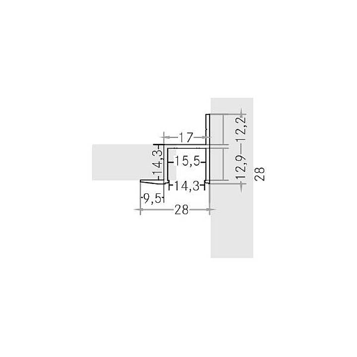 Dessin technique d'une coupe transversale avec les dimensions en millimètres : 28, 9,5, 14,3, 15,5, 17, 12,9-12,2, et 4,3.