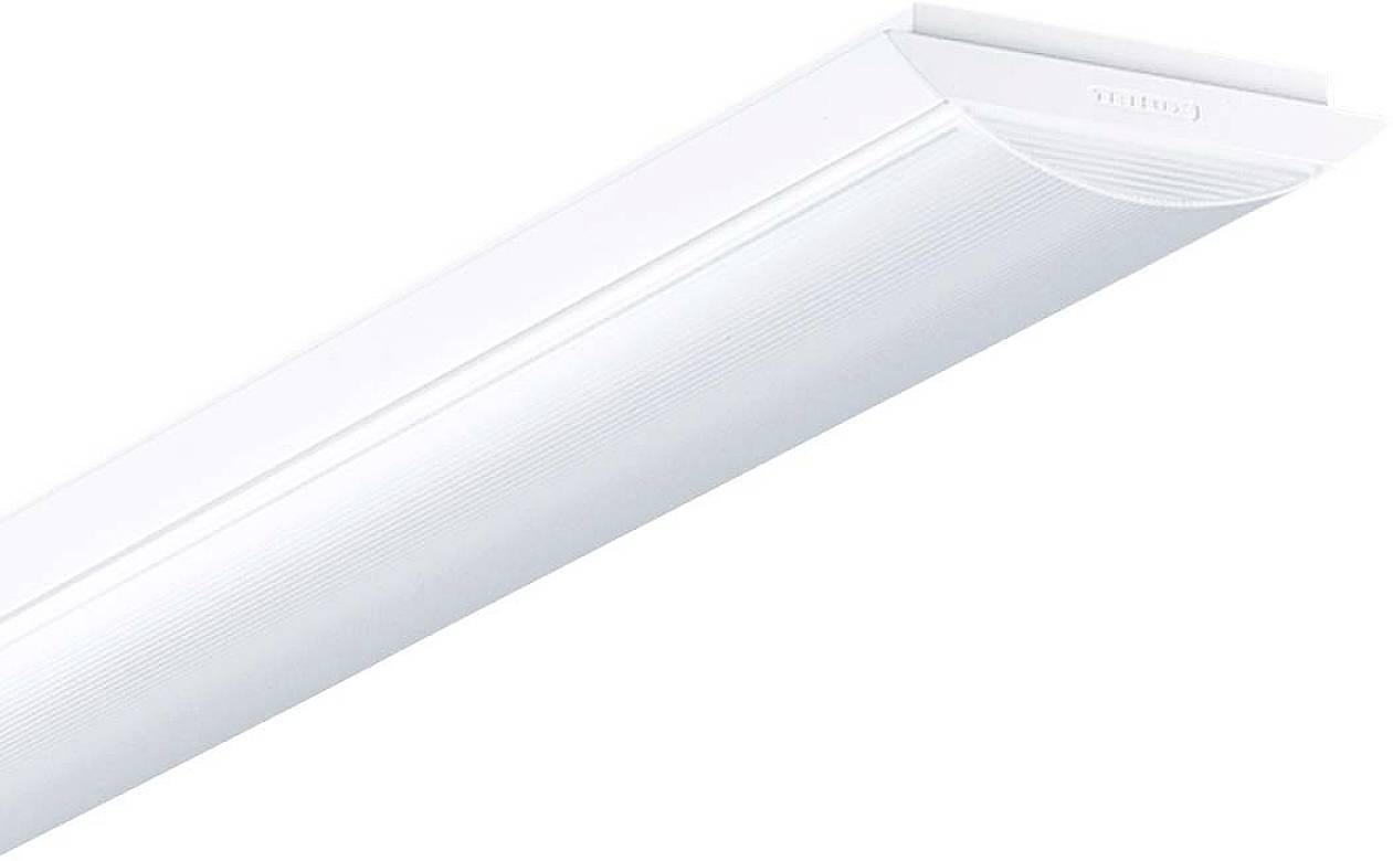 Luminaire de plafond blanc, allongé, avec des coins arrondis, adapté aux bureaux ou aux espaces de vie.