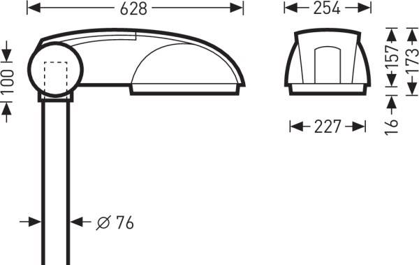 Dessin technique d'un lampadaire avec dimensions : Hauteur 173 mm, Largeur 254 mm, Longueur totale 628 mm. Diamètre du tube 76 mm.