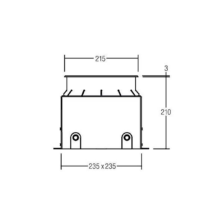 Dessin technique d'un récipient carré aux dimensions de 215 x 235 mm, hauteur 210 mm, avec une saillie de 3 mm.