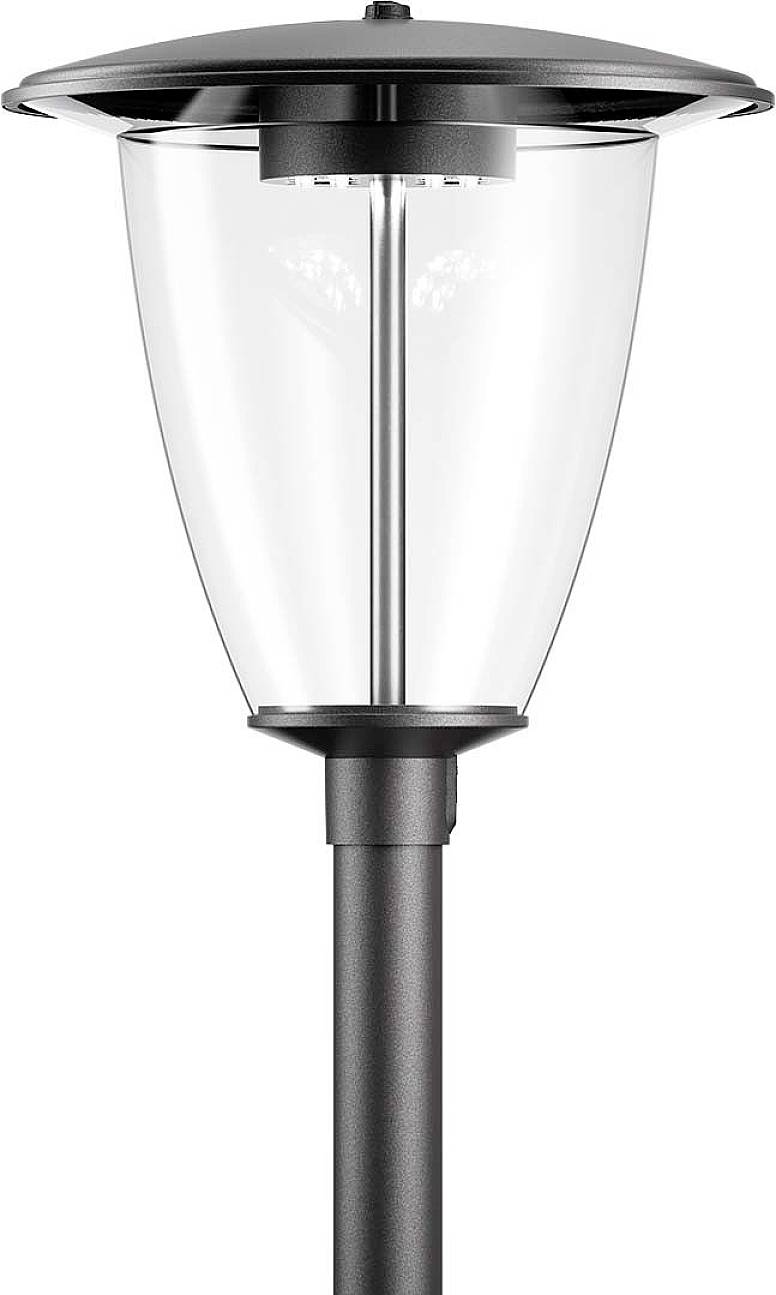 Une lanterne de jardin moderne en noir avec un environnement en verre transparent, adaptée pour éclairer les chemins ou les éléments de jardin.