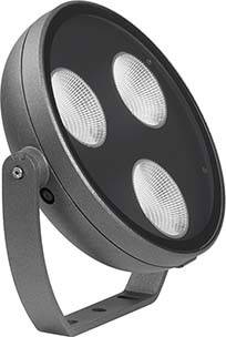 Projecteur LED rond et moderne avec trois sources lumineuses et un cadre métallique robuste, adapté à l'éclairage extérieur.