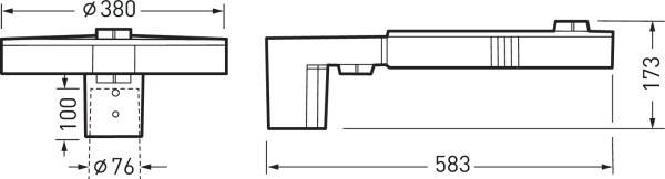 Dessin technique d'un luminaire urbain rond. Vue de face montrant un diamètre de 380 mm, vue latérale montrant une longueur totale de 583 mm et une hauteur de 173 mm.