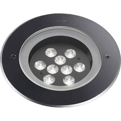 Luminaire encastré de sol circulaire à neuf LED, intégré dans un boîtier métallique.