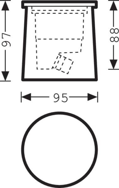 Dessin technique d'un seau. Dimensions : hauteur 97 mm, diamètre 95 mm. Hauteur intérieure 88 mm. Montre une vue de côté et de dessus.