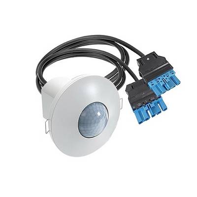 Un détecteur de mouvement circulaire avec des câbles et des connecteurs. Le capteur est principalement blanc avec un objectif en forme de dôme.