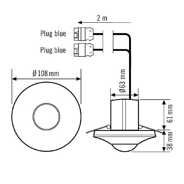 Schéma d'un spot encastrable LED rond avec câble et fiches. Dimensions : diamètre 108 mm, hauteur 63 mm. Câble de 2 m de long.