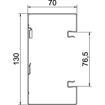 Dessin technique d'un profilé rectangulaire avec dimensions : largeur 70 mm, hauteur 130 mm, empreinte à 76,5 mm à droite.