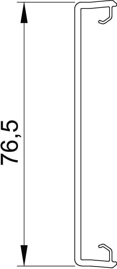 Dessin technique d'un profil en forme de L d'une longueur de 76,5 unités. Des flèches indiquent la mesure de la longueur.