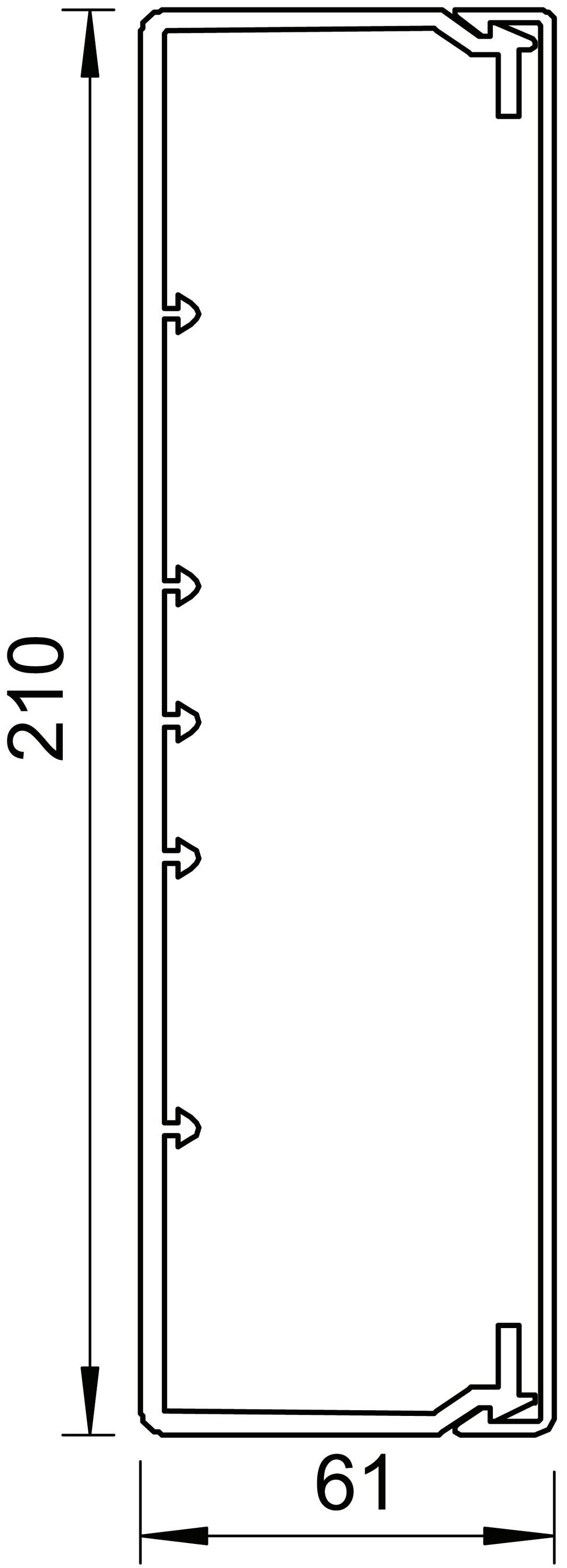 Dessin technique d'un profilé rectangulaire de 210 mm de longueur et 61 mm de largeur, avec des crochets sur la face intérieure.
