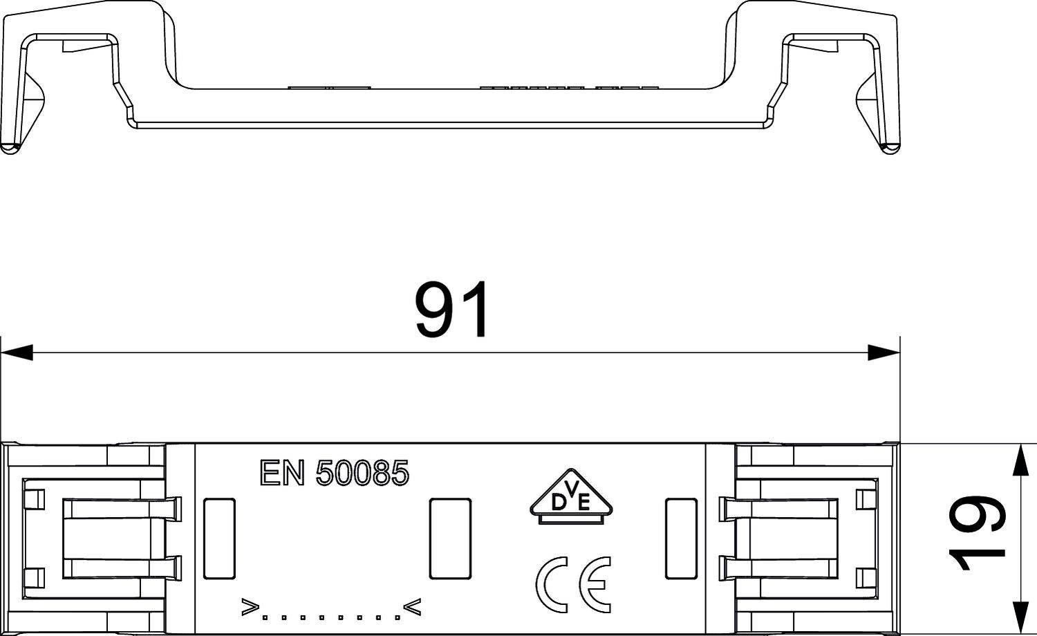 Dessin technique d'un embout en plastique, large de 91 mm et haut de 19 mm, portant les marquages CE et VDE, conforme à la norme EN 50085.
