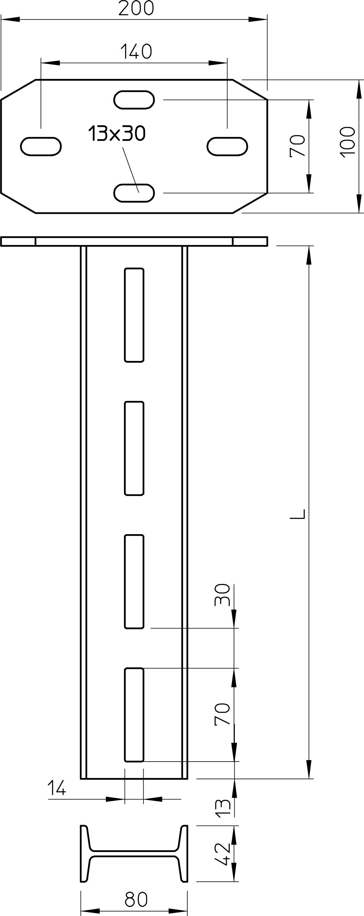 Dessin technique d'un support métallique avec des unités de mesure en millimètres. En haut, des trous oblongs de 13x30 mm, la section transversale en bas mesure 80x42 mm.