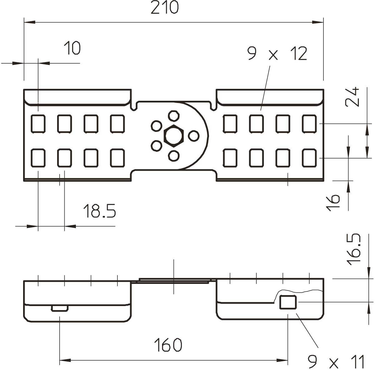 Dessin technique d'une pièce métallique avec dimensions : longueur 210 mm, hauteur 24 mm, plusieurs ouvertures rectangulaires et un perçage central.