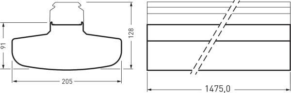 Dessin technique d'un composant avec dimensions : hauteur 91 mm, largeur 205 mm, hauteur supérieure 128 mm, largeur totale 1475 mm.